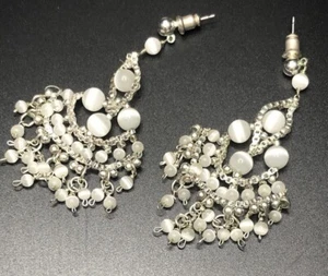 Pierced Silver Tone White Iridescent Beaded Chandelier Dangle Earrings Boho - Picture 1 of 5