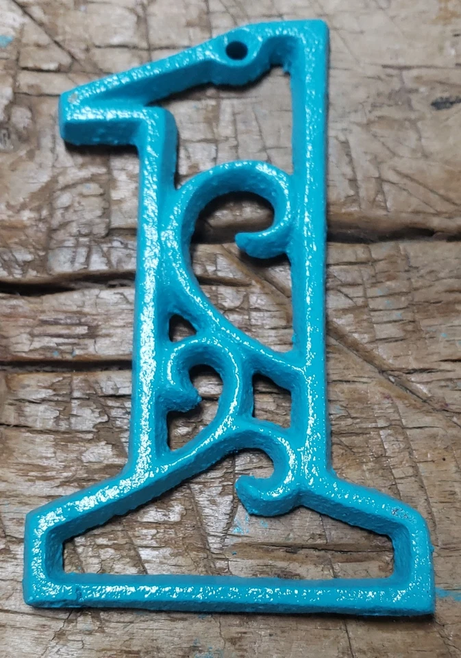Rustic TURQUOISE Cast Iron Metal House Number Street Address 4 1/2 INCH Phone #1 - Image 1 of 1