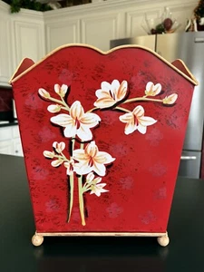 Vintage Metal Trash Can Red w/Flowers Square w/Scalloped Top & Handles 12" High - Picture 1 of 12
