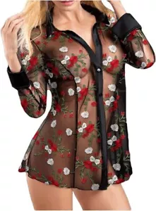 Lingerie Women's XS Sexy Sheer Mesh Button Down Shirt Top Embroidery Lace --Y1-- - Picture 1 of 6