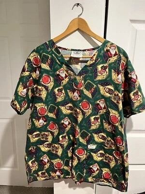 Women's CREST COTTONS Christmas SANTA Short Sleeve Scrub Top LARGE Medical Tech - Image 1 of 4