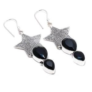 Orecchini In Argento Sterling 925 Con Gemma Spinello Nero Fatti A Mano 2.56" - Foto 1 di 5
