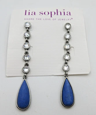 NEW SIGNED LIA SOPHIA blue clear rhinestone silver tone long dangle pair Earring - Image 1 of 4