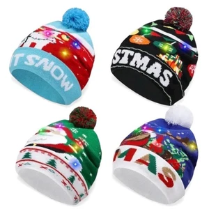 Neuheit Weihnachten LED Strick Beanie Mütze Unisex 3 Leuchtmodi skurril 4er Pack - Bild 1 von 13