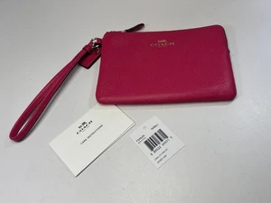 COACH F54626 Leather PVC Corner Zip Small Wristlet Pink Ruby Pebbled Hot Pink - Picture 1 of 6