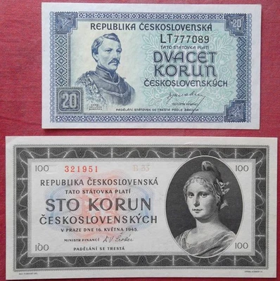 ЛОТ НЕДВИЖИМОСТИ - Чехословакия 20 крон 1945 (nd) и 100 крон 1945, слегка обработанные - Изображение 1 из 4