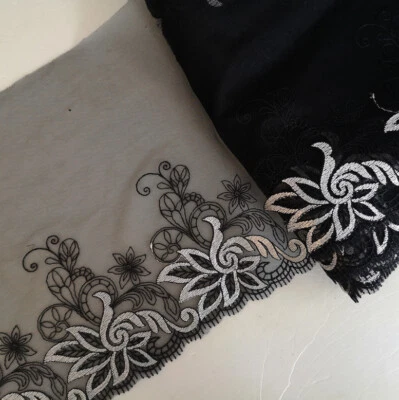 4 Yards 7" Wide Black Mesh Tulle Lace / Embroidered  White/Black Flower  eh0224 - Image 1 of 2