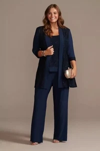 OLEG CASSINI sequin lace and jersey three-piece pantsuit Navy Blue 22W - Picture 1 of 11