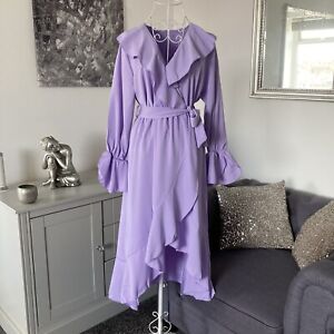 Lilac Ruffle Trim V-Neck Fixed Wrap Long Sleeve Asymmetric Hem Midi Dress 12-14