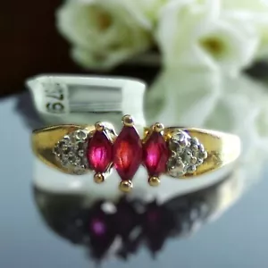 Ruby Ring 10K Yellow Gold Marquise Ruby Three Stone Diamond Accent Vintage Ring - Picture 1 of 6