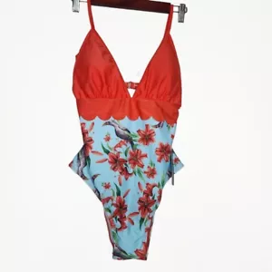 Aimage Women's Size Meduim One-piece Floral Tropical Swimsuit Bathing Suit Teal - Picture 1 of 5