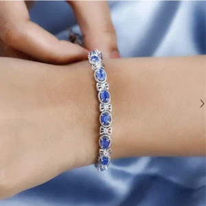 AAAAA Ceylon Blue Sapphire & Diamond 925 Sterling Silver "Tennis" Bracelet. - Picture 1 of 5