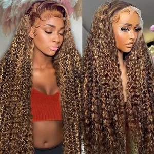 30 Inch Ombre Deep Wave Lace Front Wigs Human Hair Pre Plucked Highlight Hone... - Bild 1 von 8