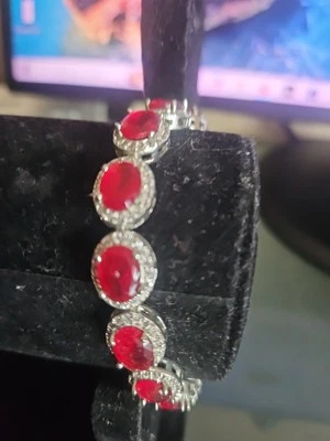 银 925 红宝石和锆石网球手链 7 英寸全新无标签  — 第 1/4 张图片