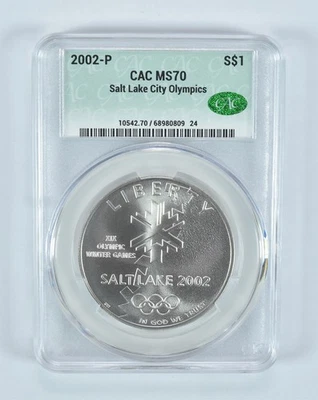 2002-P Winter Olympics Commemorative Silver Dollar MS70 CAC CACg *5557 - Image 1 of 4