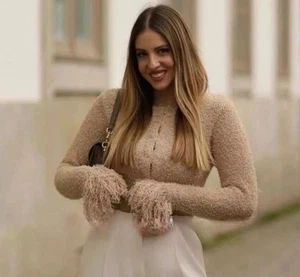 ZARA NEW WOMAN FRINGED KNIT JACKET CARDIGAN SAND SIZE M 0021/011/711 - Picture 1 of 4