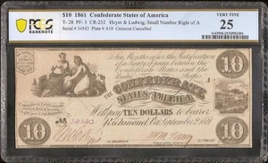 1861 $10 BILL EARLY CONFEDERATE STATES CURRENCY CIVIL WAR NOTE MONEY T28 PCGS 25 - Picture 1 of 2