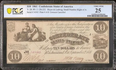1861 $10 BILL EARLY CONFEDERATE STATES CURRENCY CIVIL WAR NOTE MONEY T28 PCGS 25 - Image 1 of 2