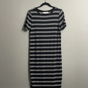 LOFT Womens Maxi Dress S Black & White Striped Short Sleeve Casual Stretch Comfy - Picture 1 of 6