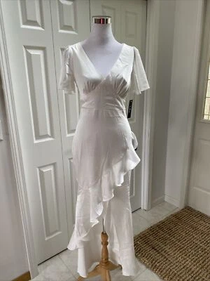 NWT Lulus White Satin Empire High Low Ruffle Wedding Dress -S - Image 1 of 4