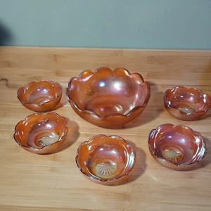 Jeannette Iridescent Carnival Glass Scalloped Edges Berry Fruit Bowl Set 6 Pcs - Picture 1 of 12