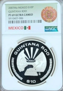 2007 MEXICO SILVER 10 PESOS ESTADO DE QUINTANA ROO NGC PF 69 ULTRA CAMEO RARE - Picture 1 of 4