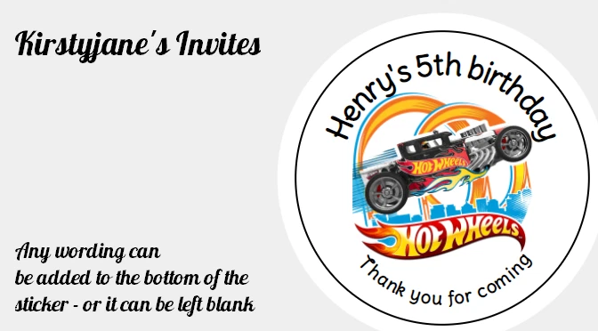 KIRSTYJANE'S INVITES PERSONALISED STICKERS LABELS CIRCLE BIRTHDAY PARTY SWEET CONES HOT WHEELS CAR