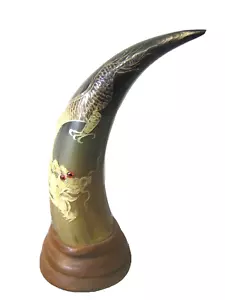 Cuerno de vaca vintage hecho a mano patrón dragón decoración del hogar - Imagen 1 de 8