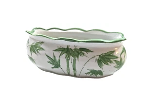 Porcelain Bonsai Planter Cache Pot Green Bamboo Motif Oval - Picture 1 of 10