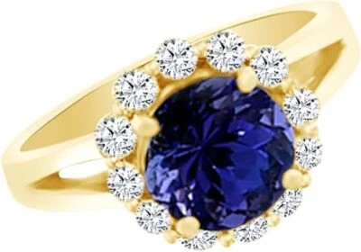 Anel de casamento 3 quilates halo haste dividida simulado tanzanita e diamante natural ouro 14K - Imagem 1 de 4