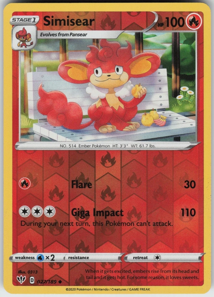 PO-06 Reverse Holo Simisear 027/189 Uncommon SWSH03: Darkness Ablaze - Image 1 of 1