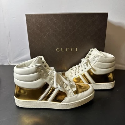 $650 Gucci Mens 9.5 SHOES Ace Padded Leather HIGH TOP Sneaker WHITE GOLD 368494 - Image 1 of 4