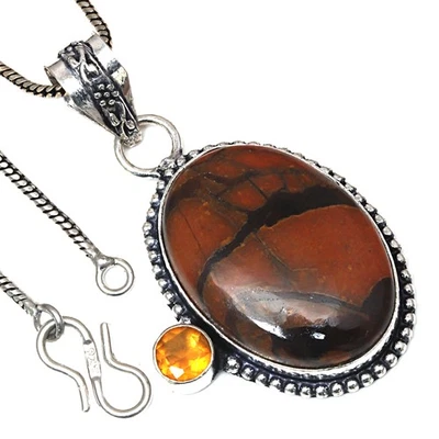 Pingente designer jaspe citrino quartzo pedra preciosa dia dos namorados prata joia 2" - Imagem 1 de 4