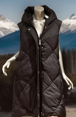 NWT SAM EDELMAN Women’s Quilted Hooded Black Two Ways Zipper Long Puffer Vest XL - Image 1 of 4