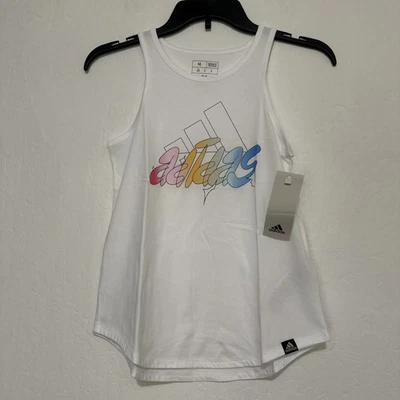 Adidas Girls White Multicolor Logo Tank Top Size Medium (10/12) NWT - Image 1 of 2