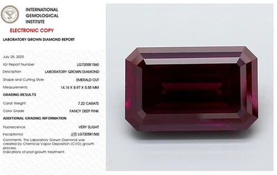 7.22 Emerald Lab Grown Diamond For Engagement Ring IGI Fancy Deep Pink VVS2 - Image 1 of 4