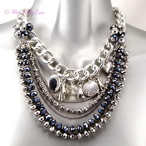 Boho Multi Strand Silver Mirror Czech Glass Charms Necklace W Swarovski Crystals - Picture 1 of 6