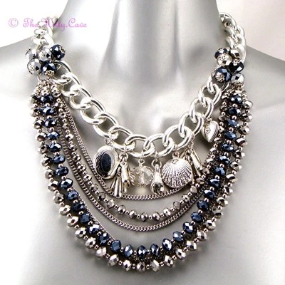Boho Multi Strand Silver Mirror Czech Glass Charms Necklace W Swarovski Crystals - Image 1 of 4