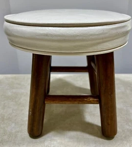 VINTAGE Round Mid Century Modern Style Cream/White Wood Foot Stool Retro 1970s - Picture 1 of 7