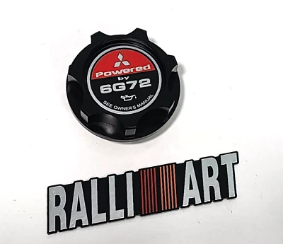 BLACK OIL CAP FOR MITSUBISHI ECLIPSE TURBO MIRAGE LANCER 6G72 RALLIART EMBLEM - Image 1 of 4