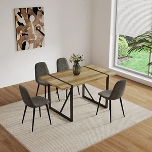 5 Pcs Kitchen Set MDF Wood Colour Dining Table + 4 Linen Backrest Chairs Grey - Picture 1 of 15
