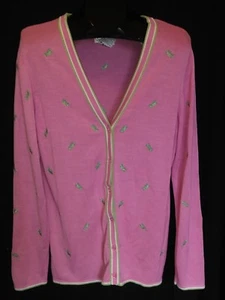 QUACKER FACTORY SIze M Pink Grasshopper Cardigan Sweater Top Silk Cotton Buttons - Picture 1 of 5