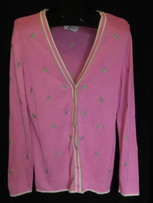 QUACKER FACTORY SIze M Pink Grasshopper Cardigan Sweater Top Silk Cotton Buttons - Image 1 of 4
