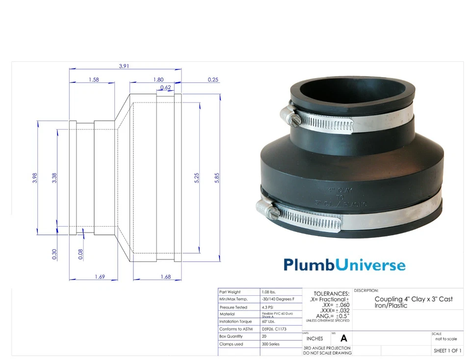 4" x 3" Rubber Coupling Flexible Coupling With Hose Clips Fernco Type - Image 1 of 1