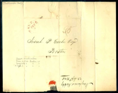 Red Baltimore, Md. 1820 25¢ Folded Cover to Boston - Image 1 of 2