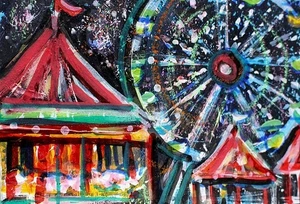 ORIGINAL ACEO Painting CARNIVAL Fair Amusement Park Fireworks Rides Fun ATC ART - Afbeelding 1 van 1