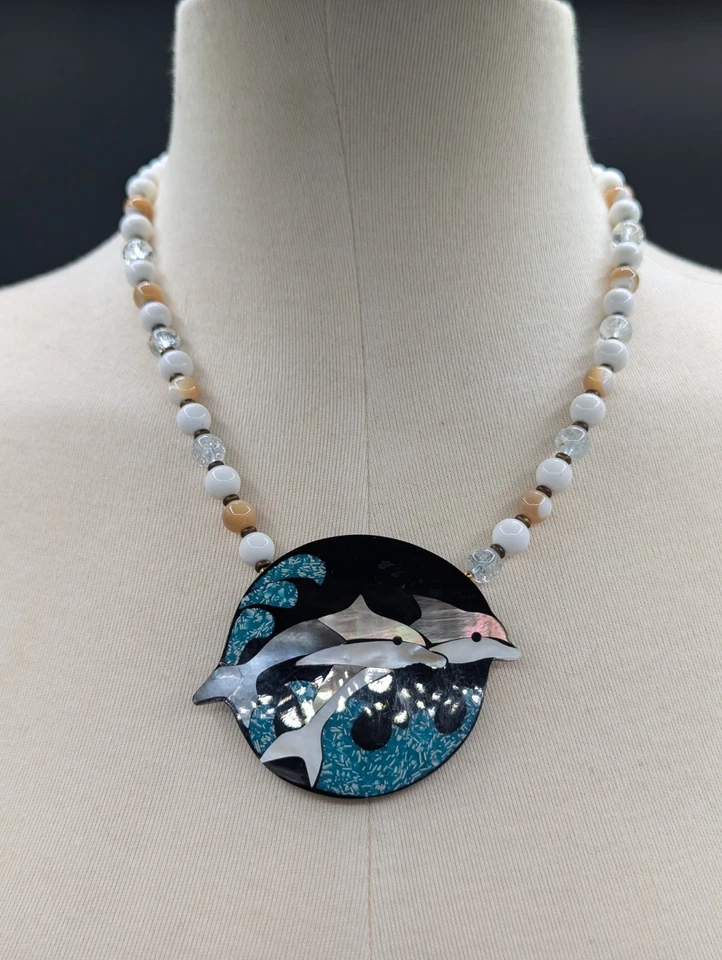 Mother of Pearl Black Onyx Inlay Dolphin Necklace Lee Sands READ  - Image 1 of 4