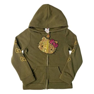 Girls Sanrio Hello Kitty Sequined Zip Up Long Sleeve Hoodie Olive Green Size 7 - Picture 1 of 5