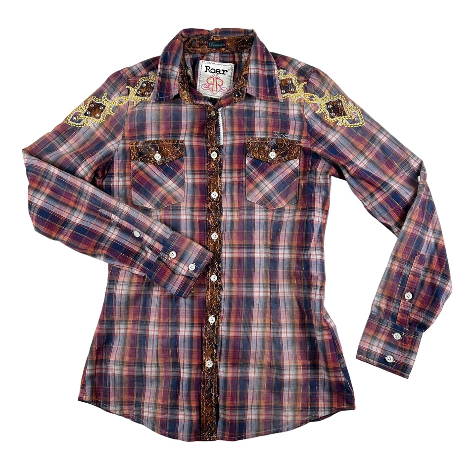 Blusa Roar Feminina Pequena Xadrez Renda Bordada Strass Blusa Ocidental - Imagem 1 de 4