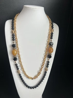 "Collar vintage de 2 hilos cadena de oro piedra negra de 30"" NOS RO-DO romero G Saks" Foto 1 de 4